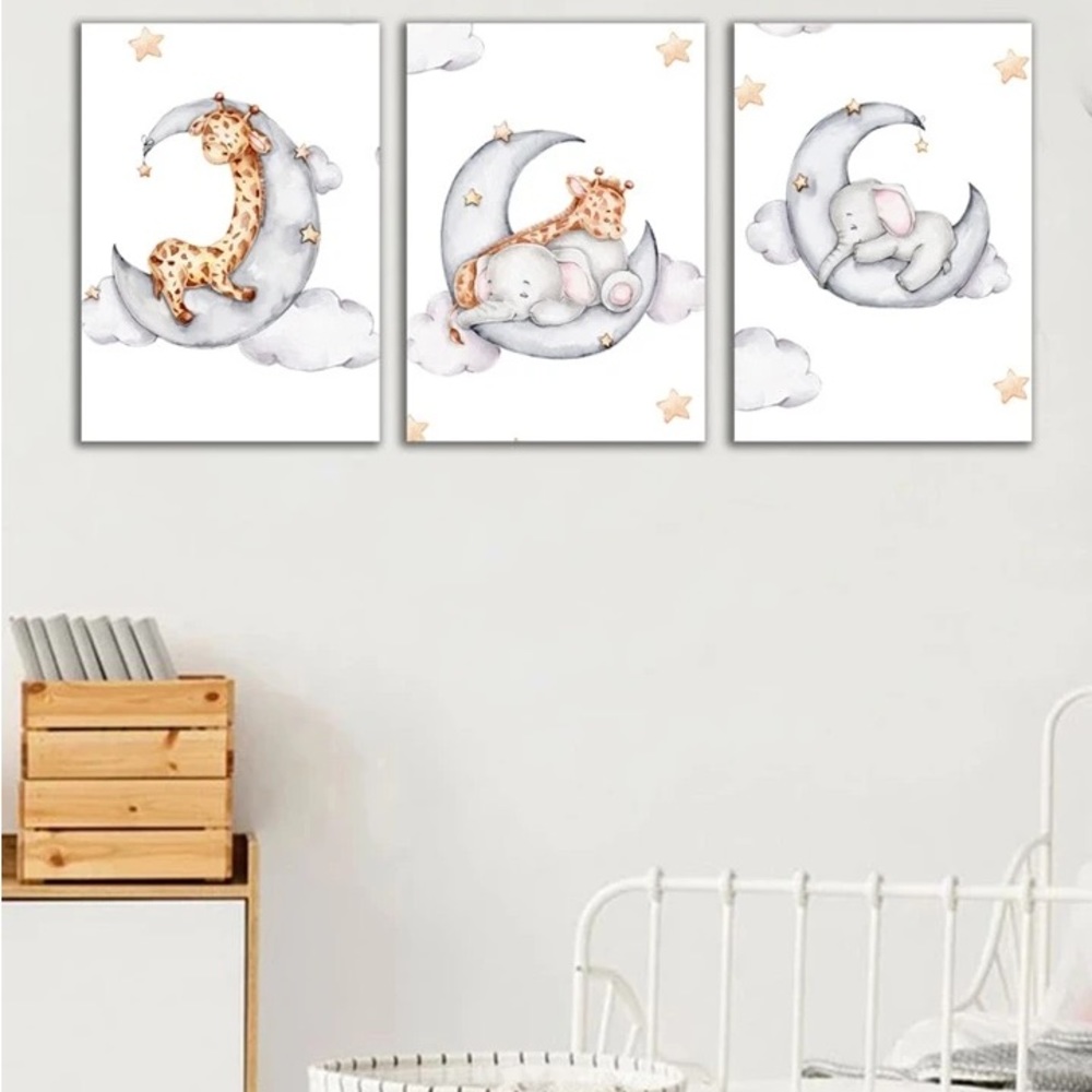 3pcs/Set Fabric Unframed Painting, Elephant & Moon Pattern Wall Art, 30x42cm